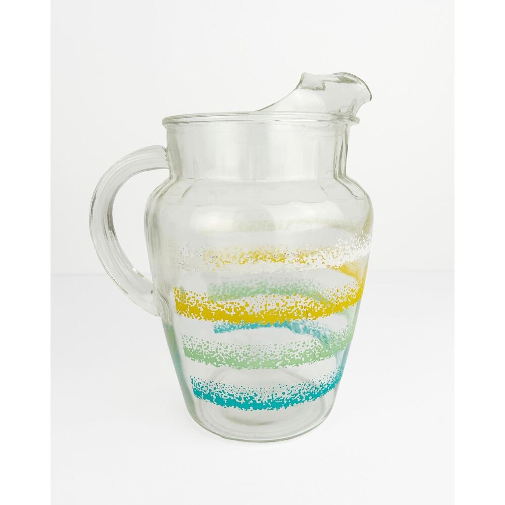 Vintage MCM Stripe Glass Pitcher Retro Lemonade Iced Tea Jug for Summer Party